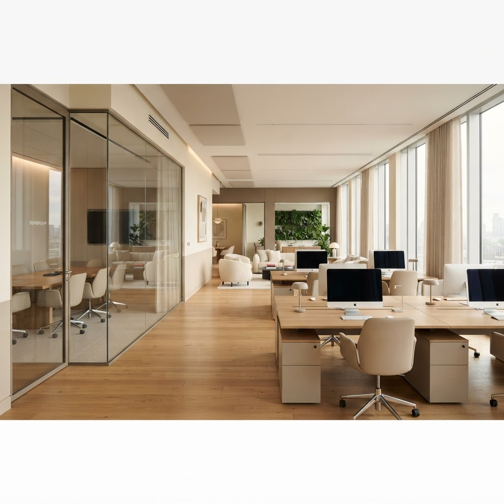 A bright, immaculately cleaned modern open-plan office with desks and a glass conference room