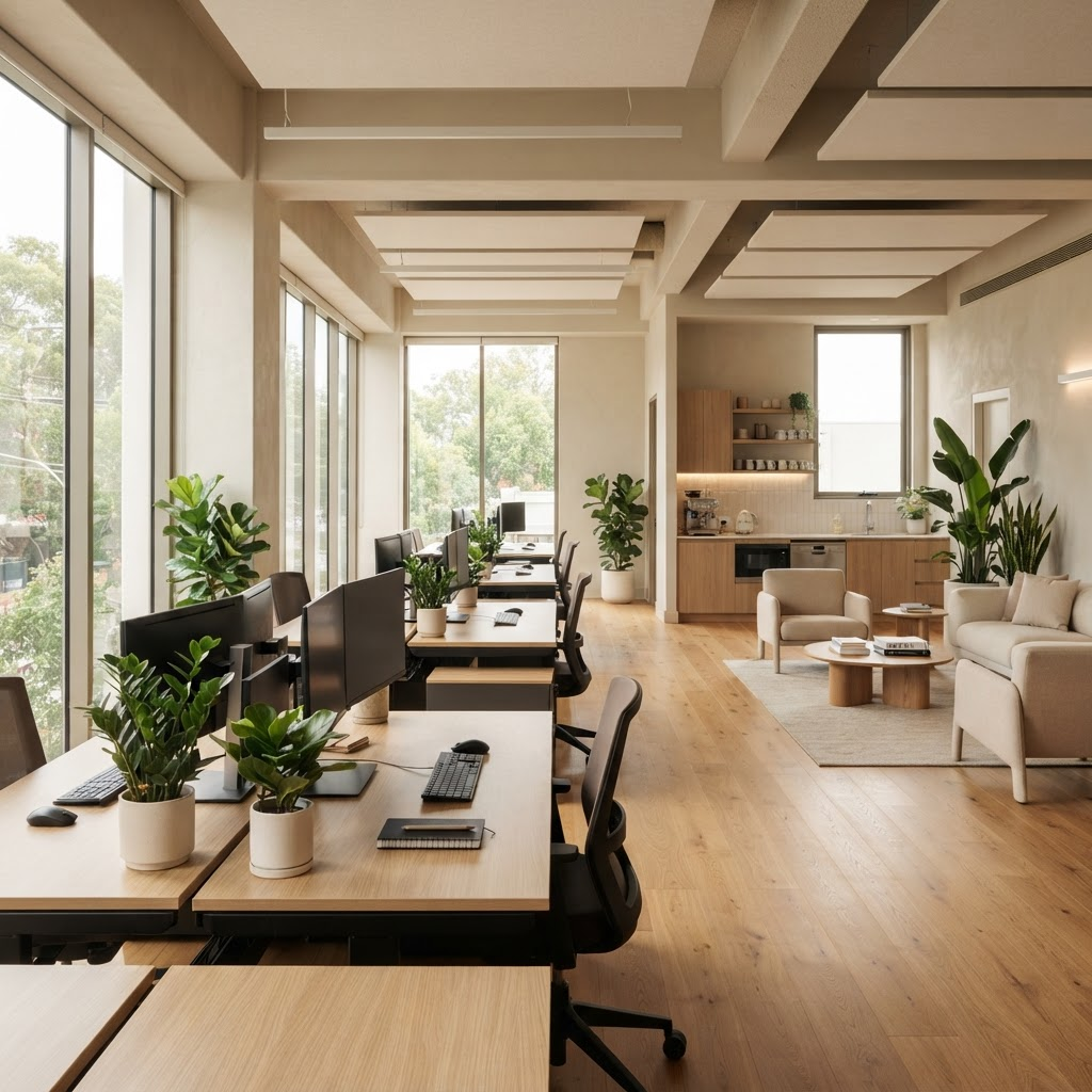 A tidy, welcoming open-plan office workspace with desks and a break area