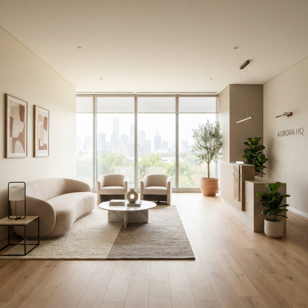 A bright, immaculately cleaned modern office lounge with warm neutral furnishings